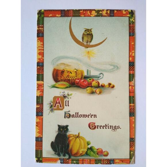 Halloween Postcard Winsch Back Owl Seated On Crescent Moon 2399 Gottschalk 1911 - Picture 2 of 5